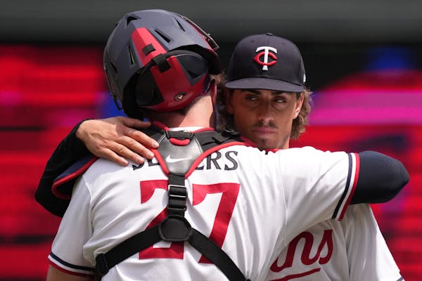 The highlight of Joe Ryan’s season was a complete game shutout of the Red Sox on June 22 at Target Field. He got a hug from catcher Ryan Jeffers.