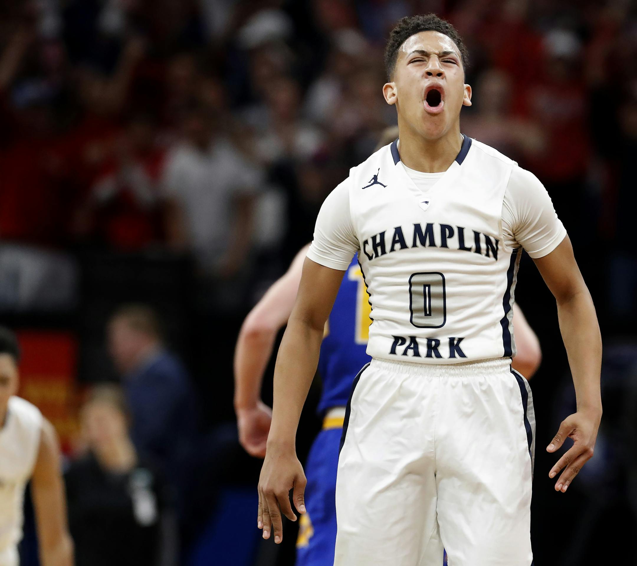 Brian Smith (0) of Champlin Park celebrated after making a shot in the second half. ] CARLOS GONZALEZ ï cgonzalez@startribune.com - March 23, 2017, Minneapolis, MN, Target Center, Minnesota State High School League Boysí Basketball State Tournament, Quarterfinals, Class 4A semifinals, Champlin Park vs. Wayzata