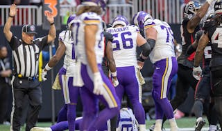 Vikings rookie quarterback Jaren Hall (16) sustained a concussion while trying to run for the end zone on a third down in the first quarter. 