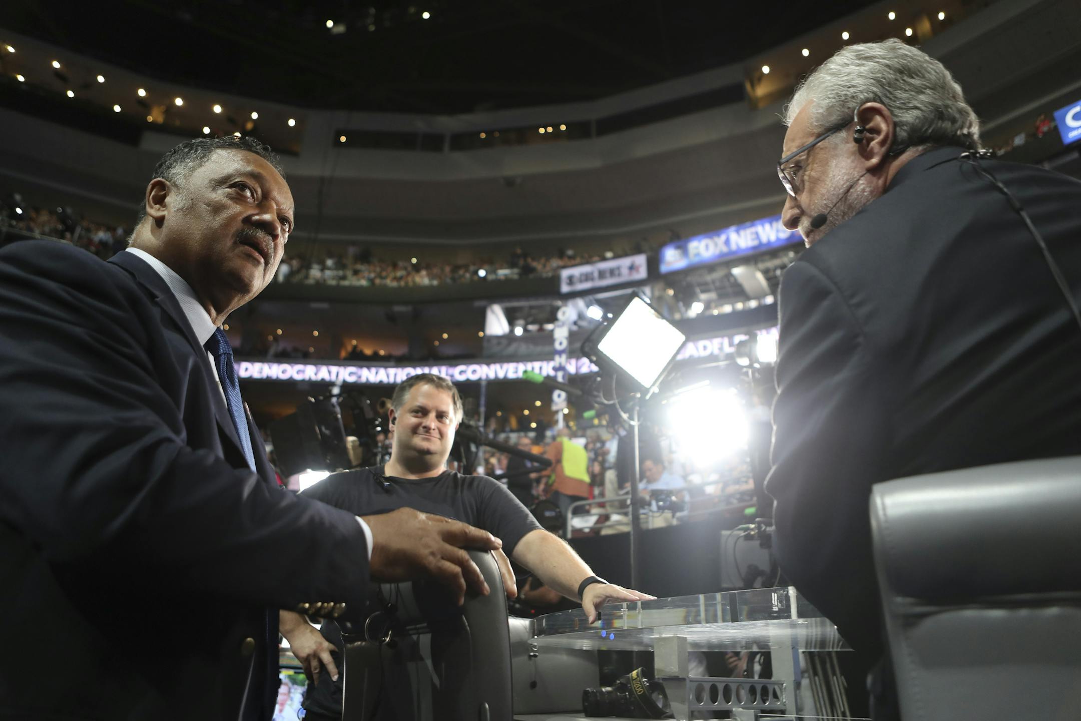 Jesse Jackson and Wolf Blitzer speak on the first day of the Democratic National Convention at the Wells Fargo Center in Philadelphia, July 25, 2016. (Sam Hodgson/The New York Times)