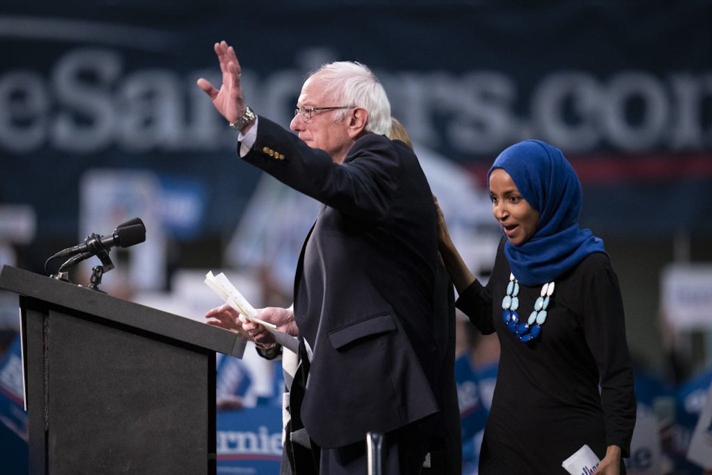 Sen. Bernie Sanders waved at the crowd after Rep. Ilhan Omar introduced him at a rally at Roy Wilkins Auditorium in St. Paul, on Monday, March 2, 2020.