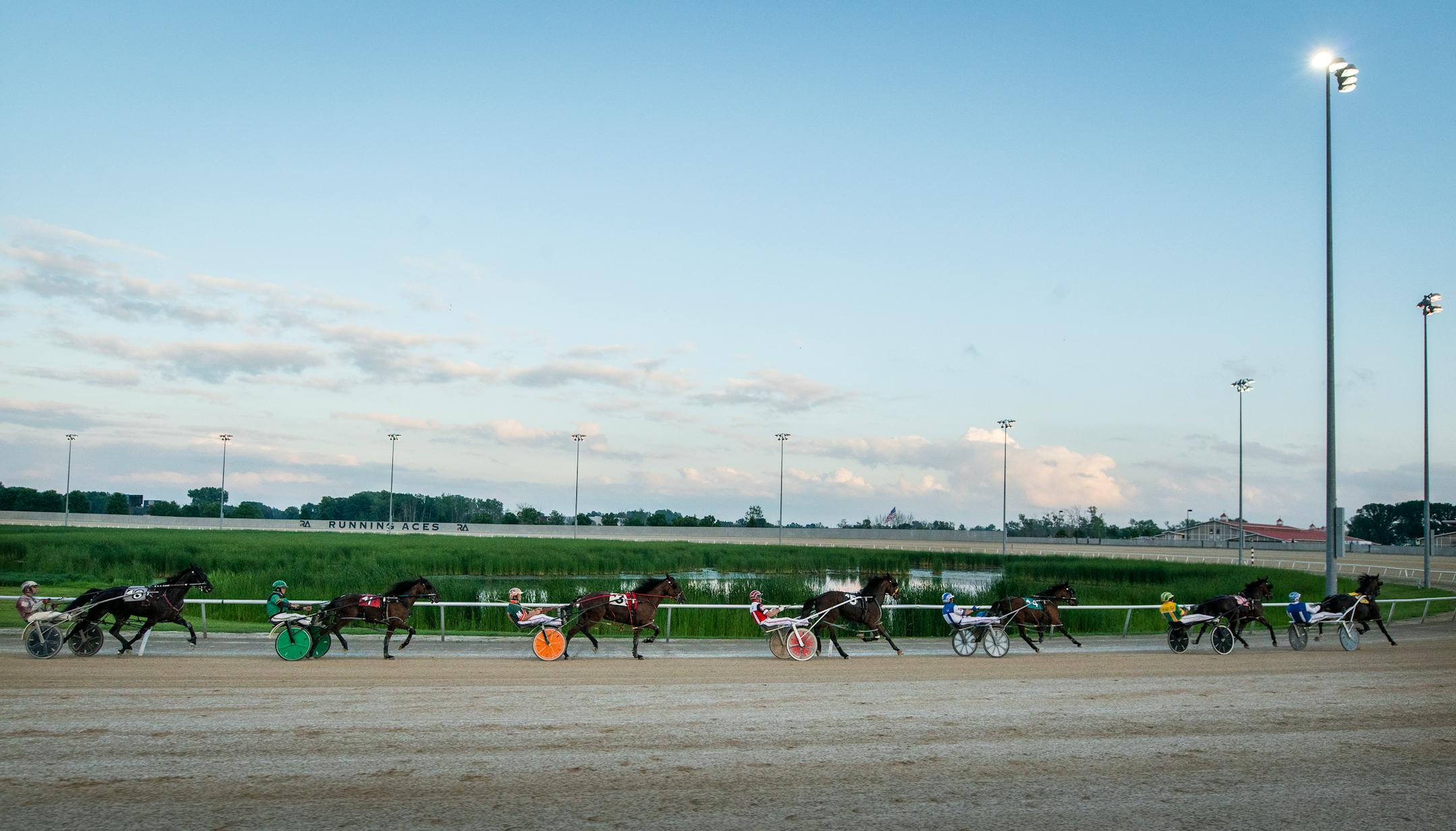 The view from the starter's car during harness racing at Running Aces. ] LEILA NAVIDI • leila.navidi@startribune.com