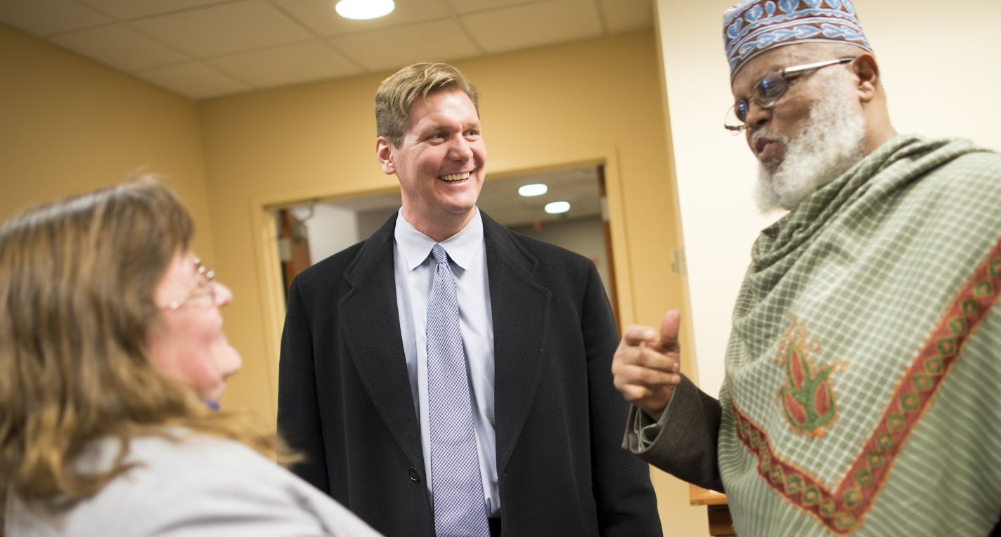 From left, FBI Community Outreach Specialist Kathleen Hotakainen, FBI Division Counsel Kyle Loven and Imaam Sheikh Sa'ad Musse Roble chat before Wednesday's Somali community meeting at U.S. Attorney's office. ] (Aaron Lavinsky | StarTribune) Members of the Minnesota Somali Muslim community meet with U.S. Attorney Andy Luger in his office on Wednesday, Feb. 11, 2015 in downtown Minneapolis. Luger is leading a Muslim outreach initiative in hopes of thawing relations and thwarting terrorist groups