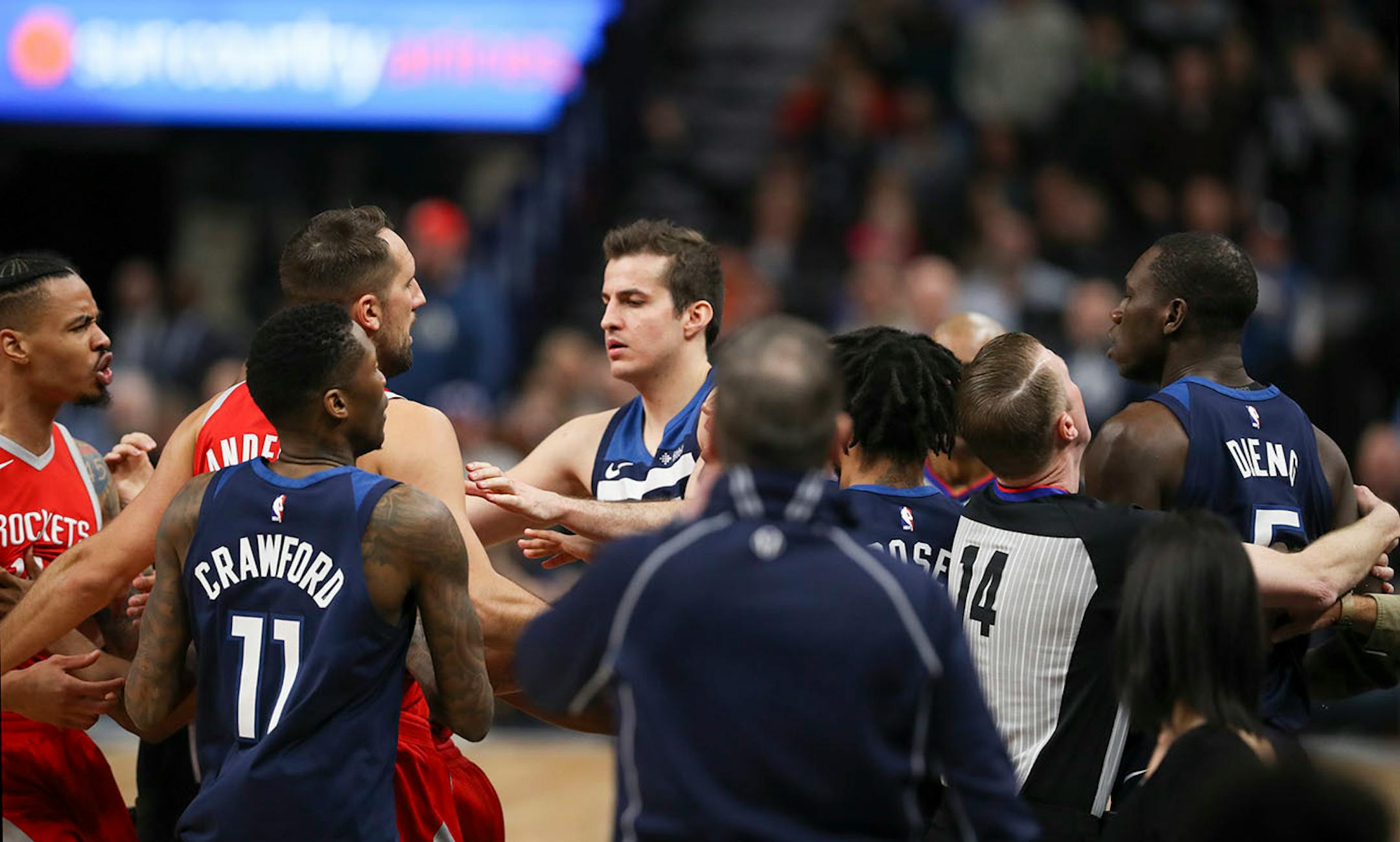 Houston Rockets guard Gerald Green (14) was ejected after shoving Minnesota Timberwolves center Gorgui Dieng (5) into the courtside seats in the fourth quarter. The scuffle sparked a rally by the Timberwolves that made up some, but not enough of the deficit.