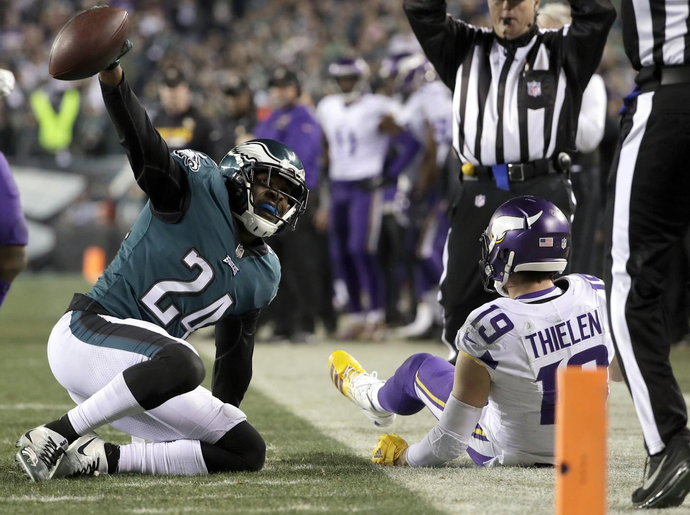 Philadelphia Eagles' Corey Graham reacts after intercepting a pass from Minnesota Vikings' Adam Thielen during the second half of the NFL football NFC championship game Sunday, Jan. 21, 2018, in Philadelphia. (AP Photo/Matt Slocum)