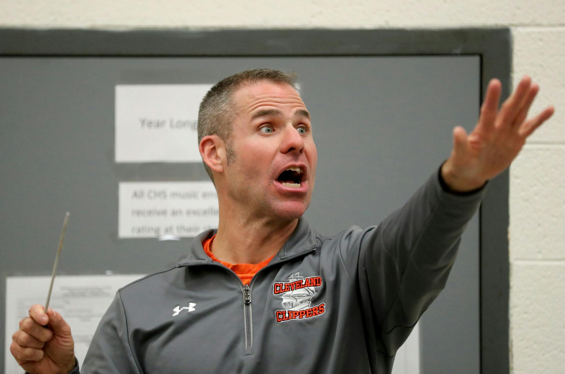 Erik Hermanson, band teacher and football coach at Cleveland Public School, directs 7th and 8th grade band students in practice Tuesday, Feb. 21, 2017, in Cleveland, MN. Almost 90 percent of school students participate in band, where the space can not accommodate all the students.