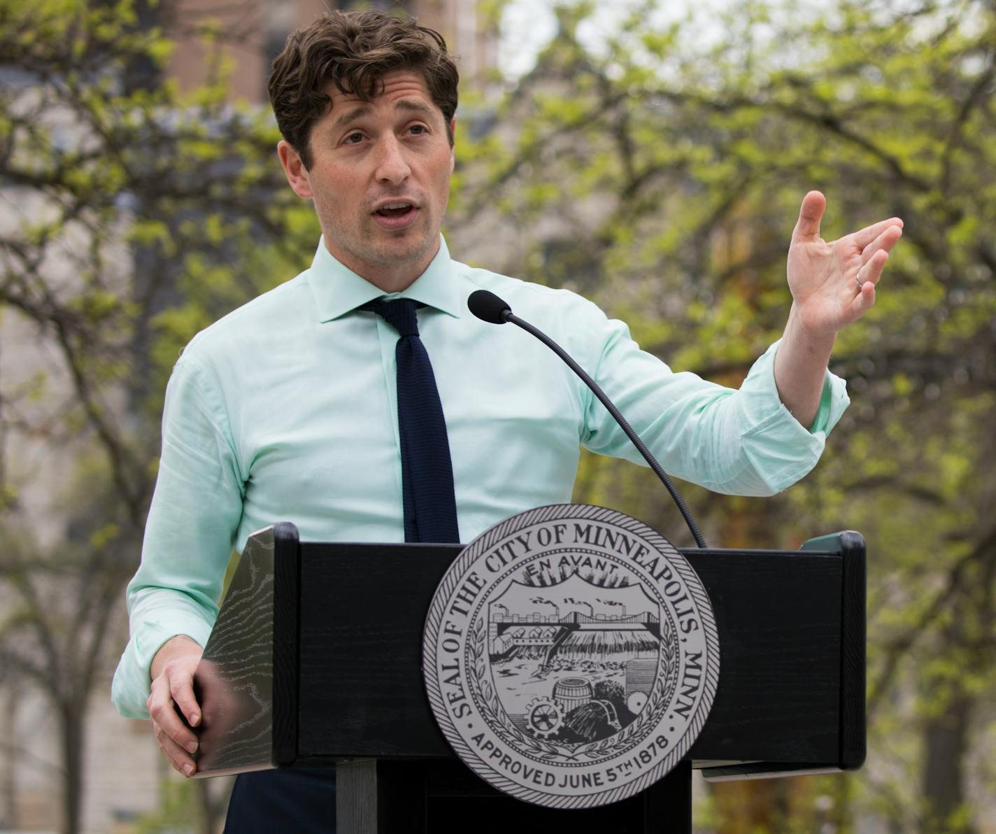 Mayor Jacob Frey spoke during a news conference announcing the beginning of construction at the downtown park in Minneapolis on Monday.