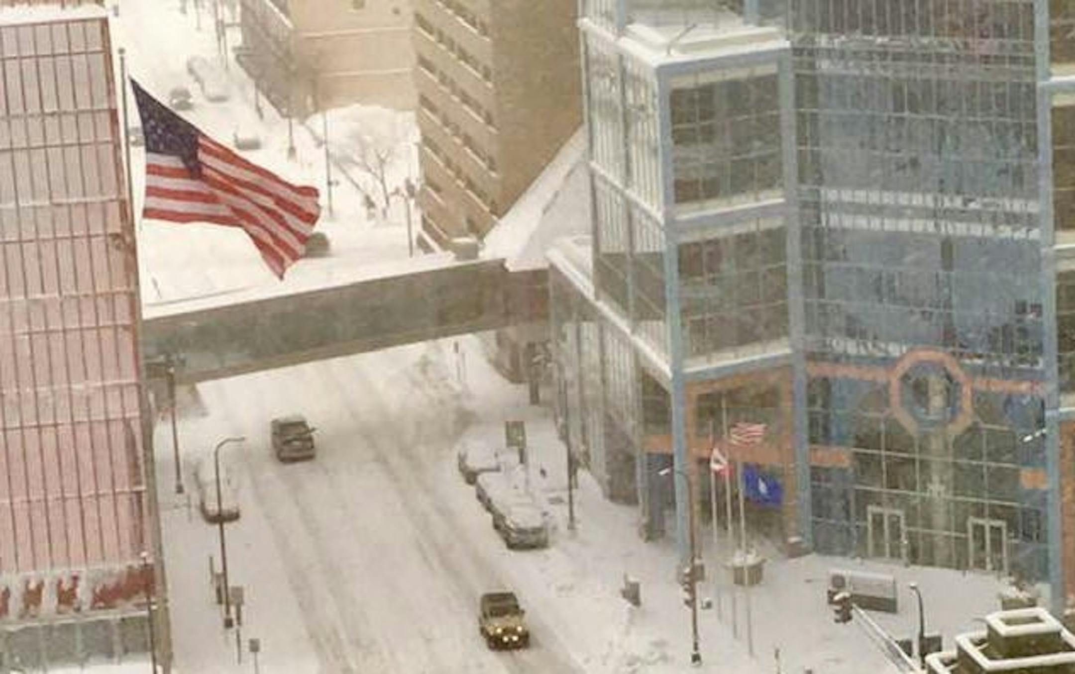 Downtown Minneapolis got a coating of snow Sunday.