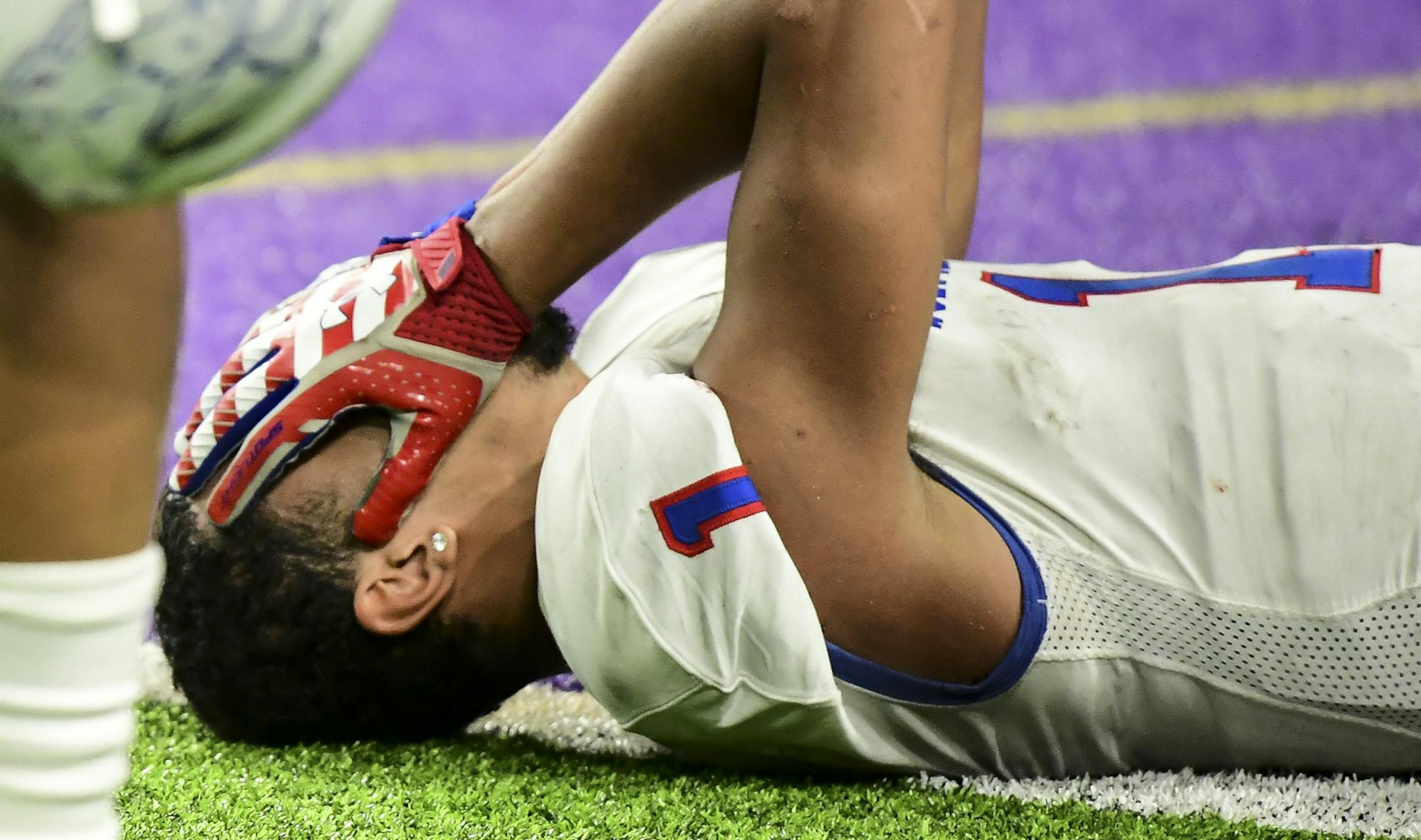 SMB Wolfpack quarterback Jalen Suggs (1) was dejected after his team's 22-21 loss to Rocori in the 4A championship game Friday. ] Aaron Lavinsky • aaron.lavinsky@startribune.com SMB Wolfpack played Rocori in the Class 4A State Tournament Championship game on Friday, Nov. 29, 2019 at US Bank Stadium in Minneapolis, Minn.