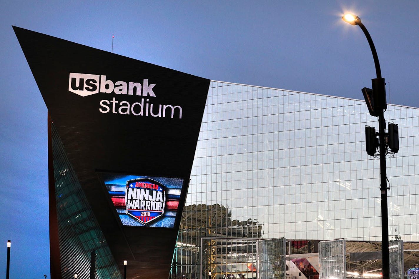 The video board outside U.S. Bank Stadium displayed the American Ninja Warrior logo. On Tuesday, it will host a giant Eid celebration.