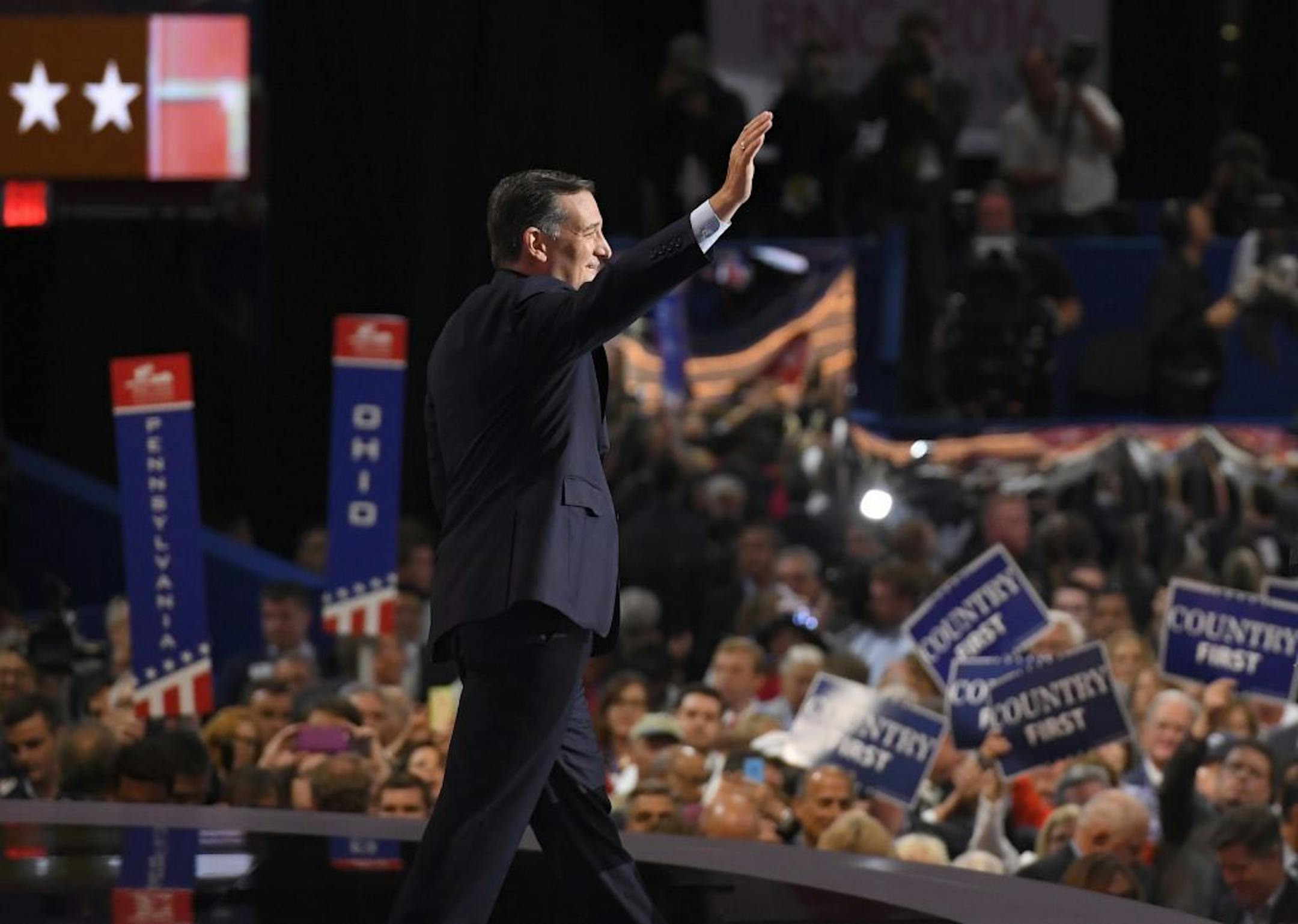 Sen. Ted Cruz, R-Tex., walked on the stage Wednesday night during the third day of the Republican National Convention in Cleveland.