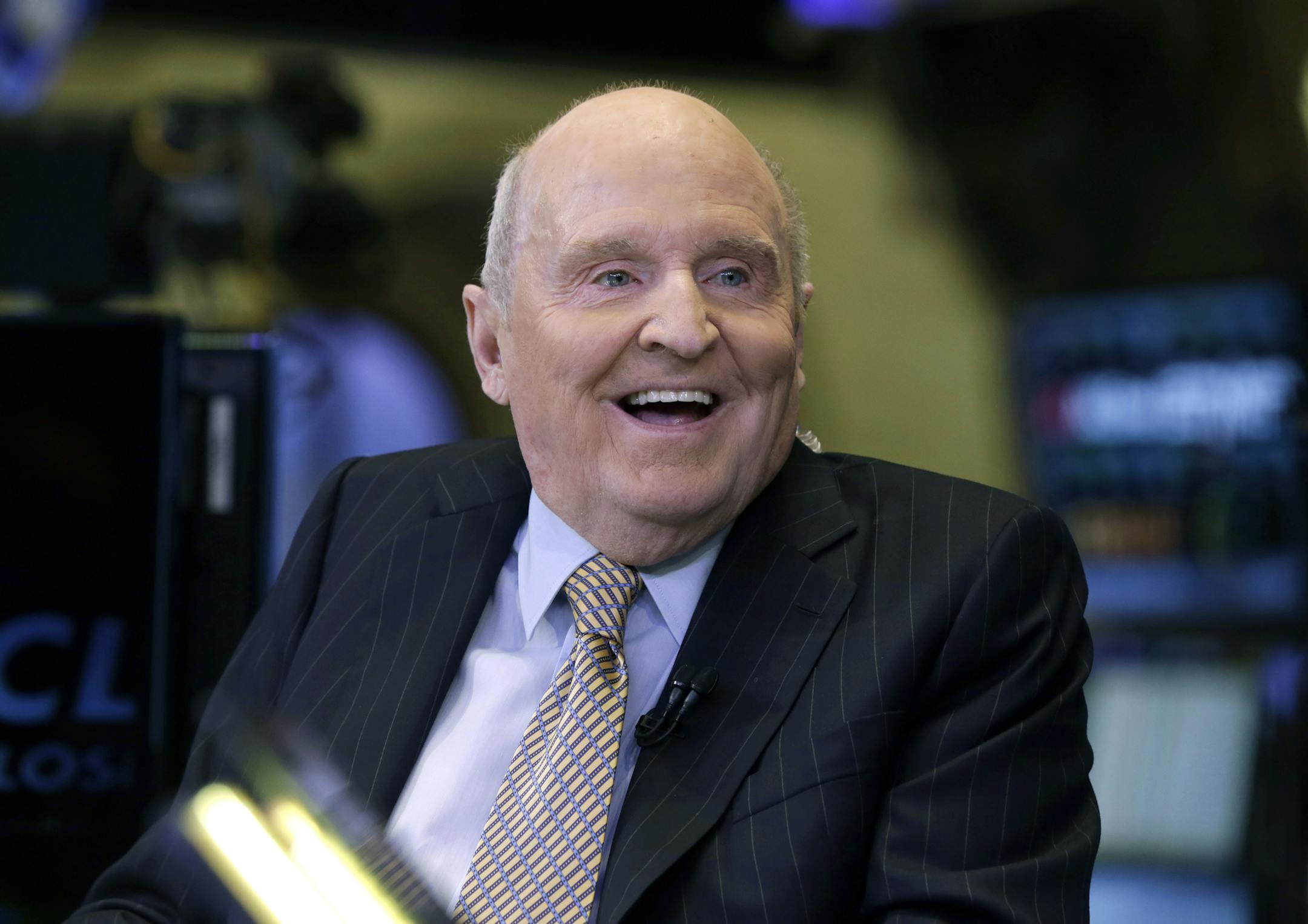 FILE - In this Oct. 22, 2013 file photo, former Chairman and CEO of General Electric Jack Welch appears on CNBC on the floor of the New York Stock Exchange. Welch, who transformed General Electric Co. into a highly profitable multinational conglomerate and parlayed his legendary business acumen into a retirement career as a corporate leadership guru, has died at the age of 84. (AP Photo/Richard Drew, File)