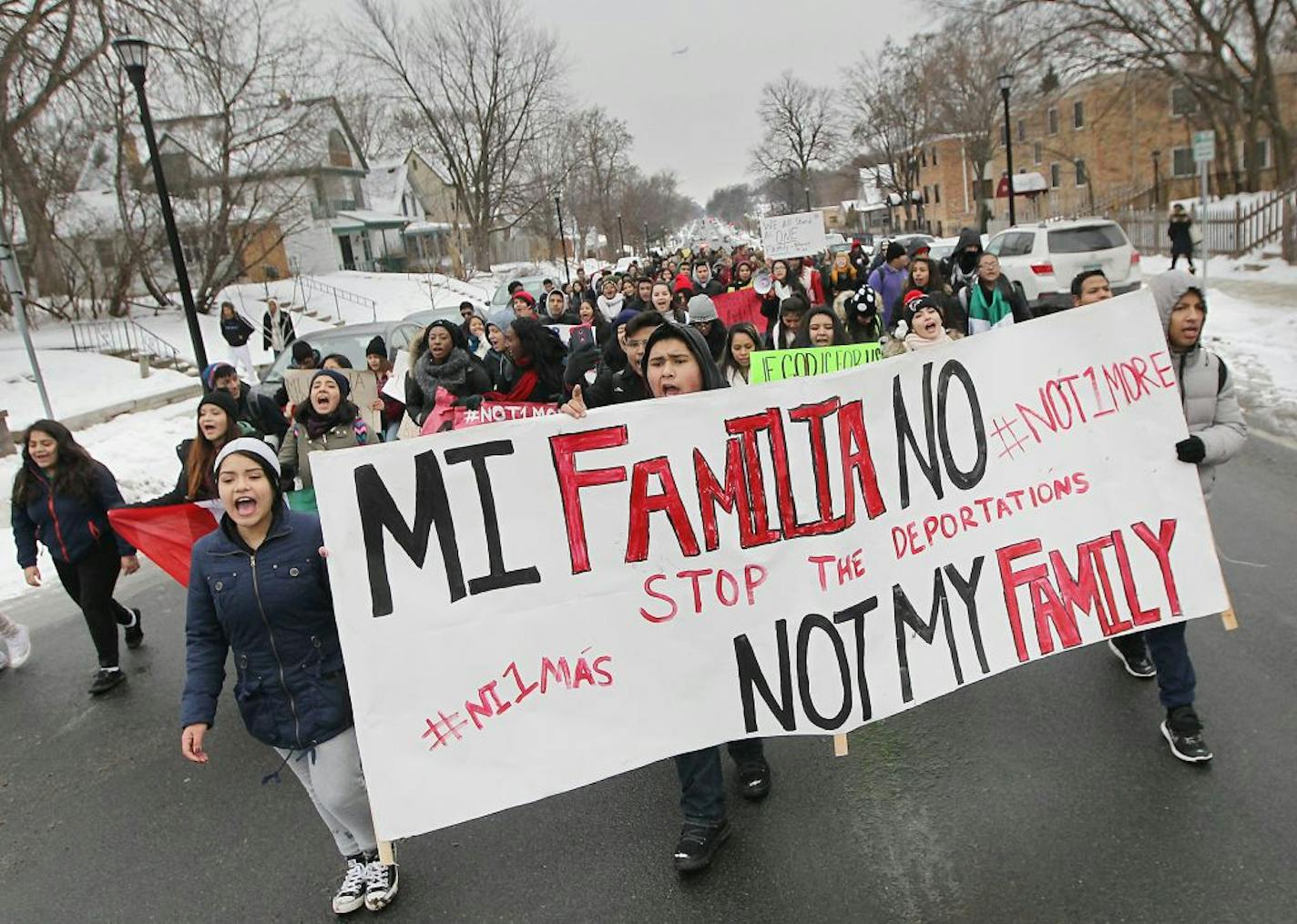 Students from Southwest, South, and Washburn marched along Nicollet Avenue towards Lake Street to protest the most recent deportations and raids, Wednesday, January 20, 2016 in Minneapolis, MN. (ELIZABETH FLORES/STAR TRIBUNE) ELIZABETH FLORES � eflores@startribune.com