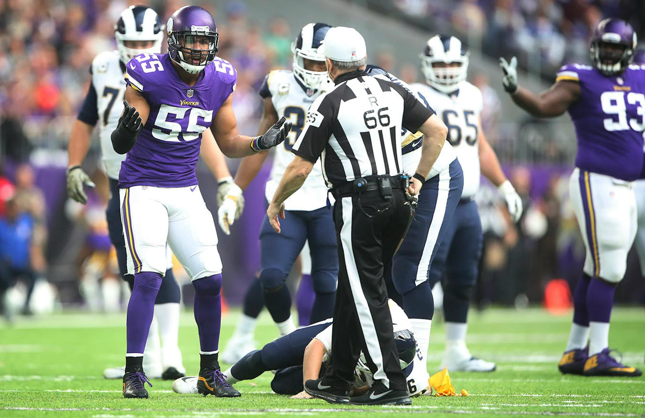 Minnesota Vikings outside linebacker Anthony Barr (55) pleads with referee Walt Anderson after was call for roughing Los Angeles Rams quarterback Jared Goff (16) in the second quarter at U.S. Bank Stadium Sunday November 19, 2017 in Minneapolis, MN.