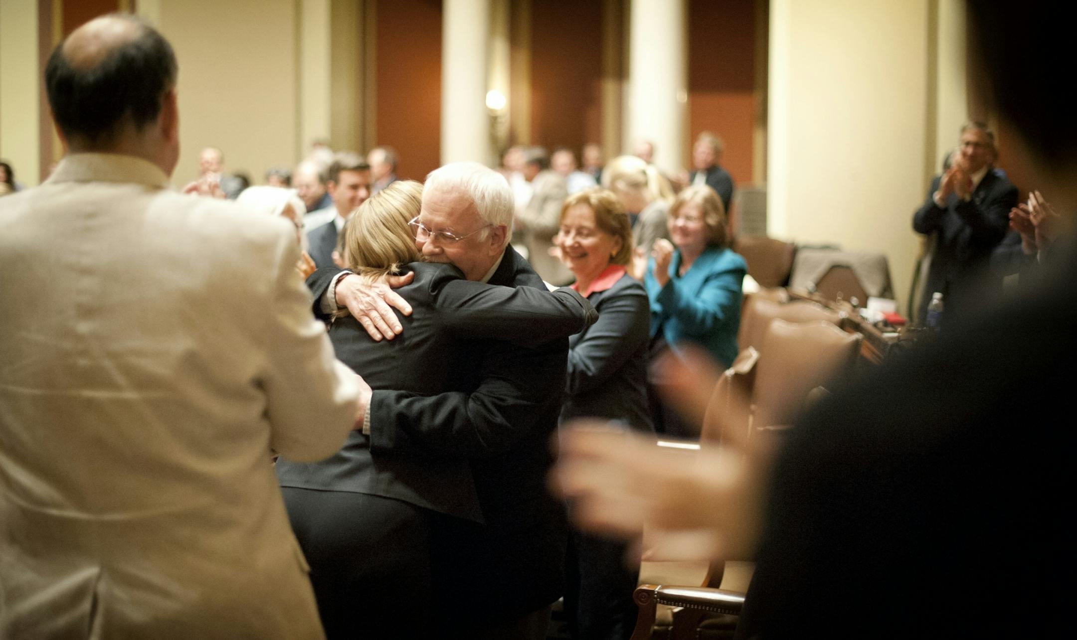 At 5:55 a.m. Rep. Bill Hilty, DFL-Finlayson was one of more than 20 House members to give retirement speeches Thursday, May 10, 2012. He was then hugged by colleagues. Hilty served 8 2-year terms in the House and was elected in 1996.