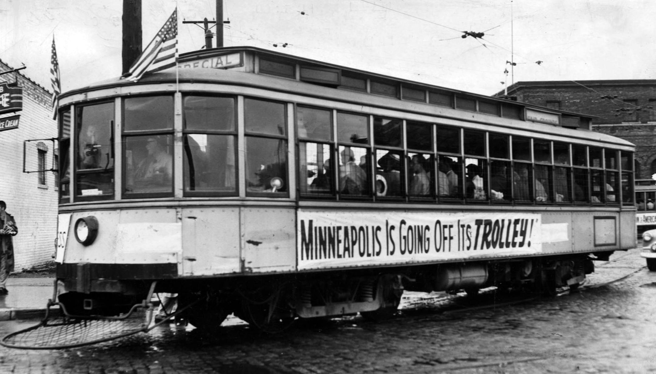 Streetcar trolley. Friday June 18, 1954, last day of streetcar service in Minneapolis. Lunch was served to 320 "last riders" aboard eight trolleys to celebrate the conversion to buses. (NOTE: Not sure if the same date applies to St. Paul, which may have converted to buses earlier or later; check this). Minneapolis Tribune photo by Powell Krueger. // This is one of several old streetcar and trolley photos scanned for possible use with and article Friday July 7, 2006, Star Tribune, page E1, not us