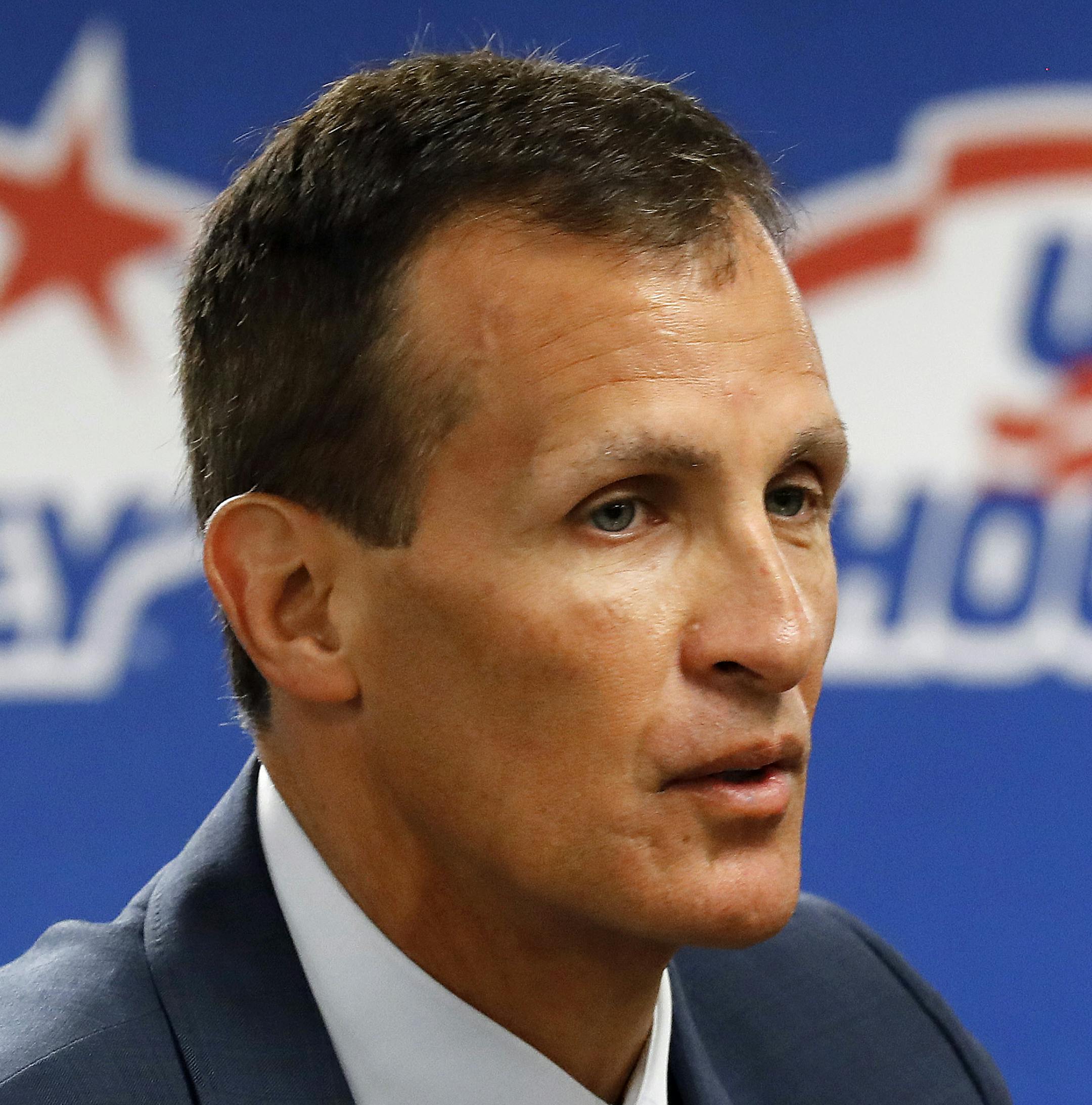 FILE - In this Aug. 4, 2017, file photo, Tony Granato, United States olympic men's hockey coach, speaks during a news conference in Plymouth, Mich. Granato's next challenge is coaching an unheralded U.S. menís Olympic hockey team without NHL players this February in South Korea. Hand-picked by general manager, friend and 1988 Olympic teammate Jim Johannson, who died unexpectedly on the eve of the games, Granato has spent several Olympics building to this moment. (AP Photo/Paul Sancya, File)