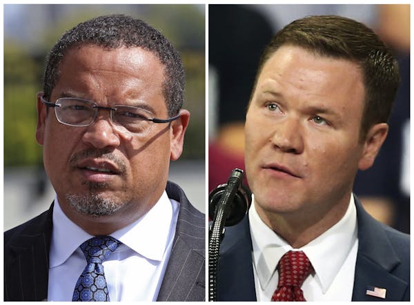 FILE - This combination of file photos shows the candidates for Minnesota attorney general from left, Democratic U.S. Rep. Keith Ellison and Republica