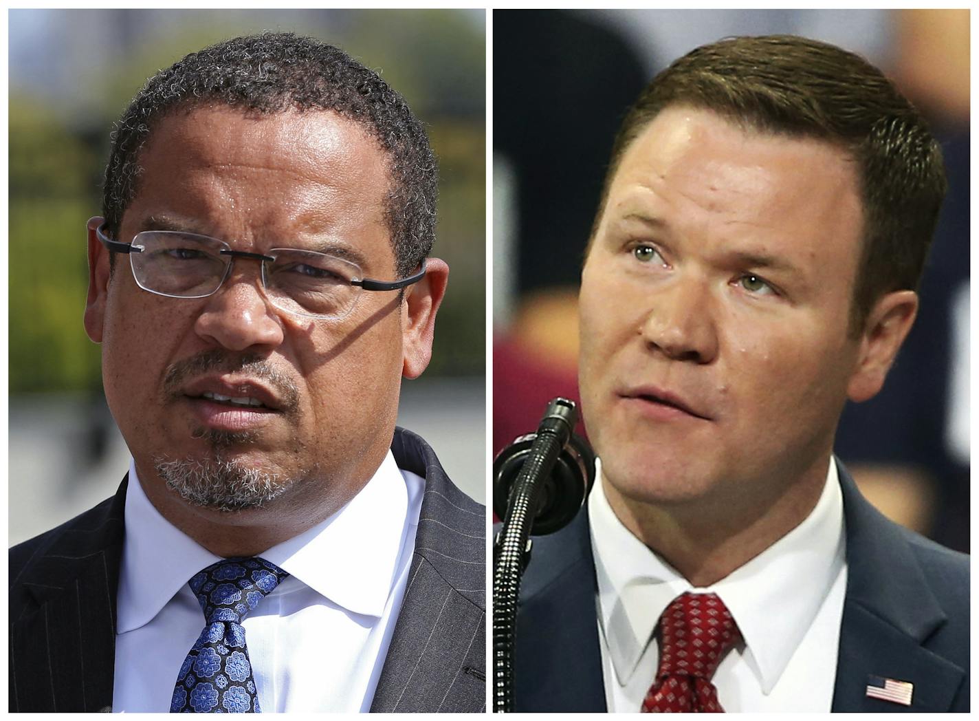 FILE - This combination of file photos shows the candidates for Minnesota attorney general from left, Democratic U.S. Rep. Keith Ellison and Republican Doug Wardlow. (AP Photo/Jim Mone, File)