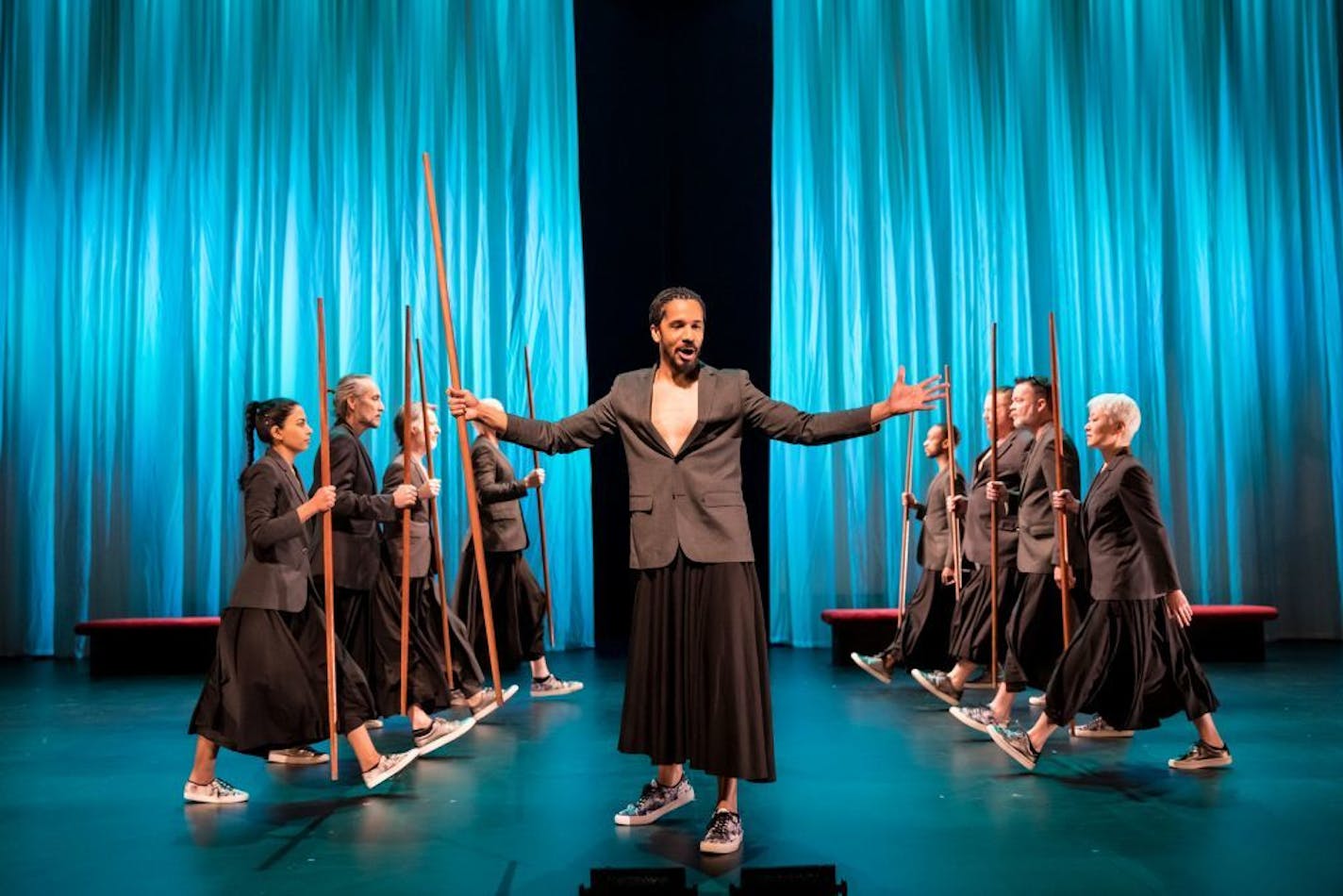 The cast of the Guthrie Theater's presentation of SITI Company's production of "The Bacchae." Photo by Dan Norman.