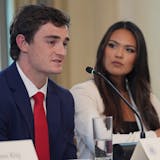 Nick Shirley speaks during a roundtable meeting with President Donald Trump on antifa in the State Dining Room at the White House, Wednesday, Oct. 8, 2025, in Washington, as Savanah Hernandez listens. (AP Photo/Evan Vucci)