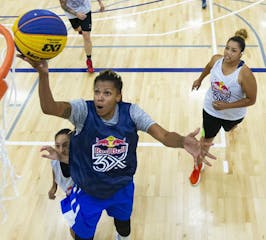 Bloomington native Jenna Smith took a shot for the MN OGs on Saturday during the Red Bull 3-on-3 basketball tournament at the National Sports Center i