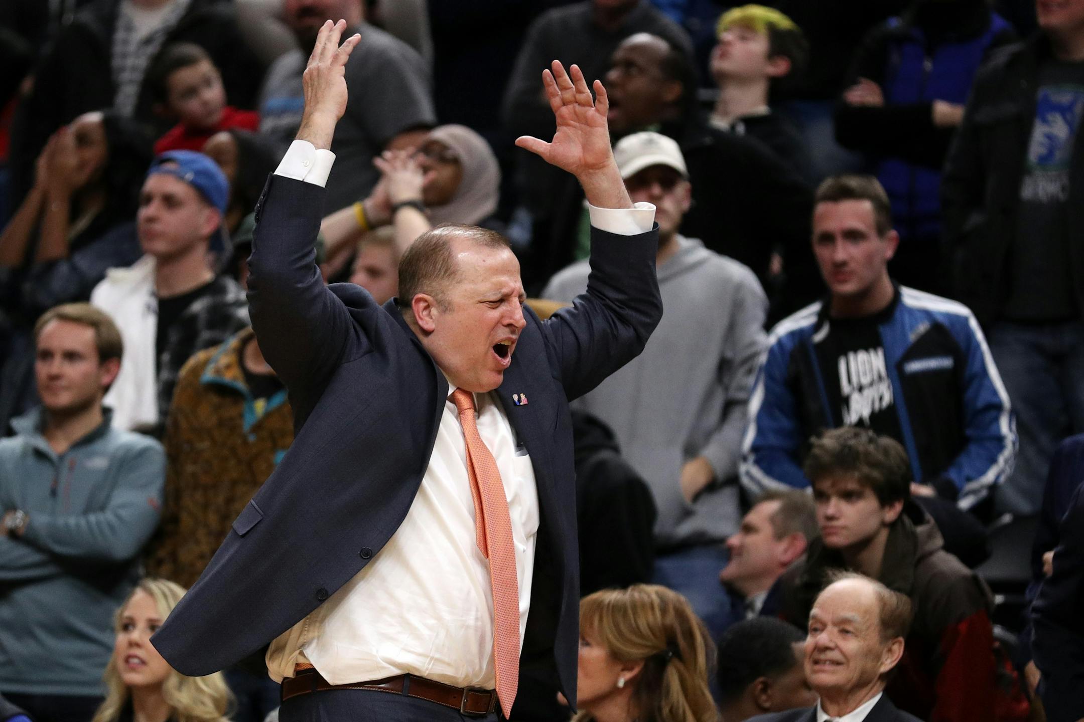 Minnesota Timberwolves head coach Tom Thibodeau reacts as the Houston Rockets tied the score at the end of the second half to send the game into overtime.