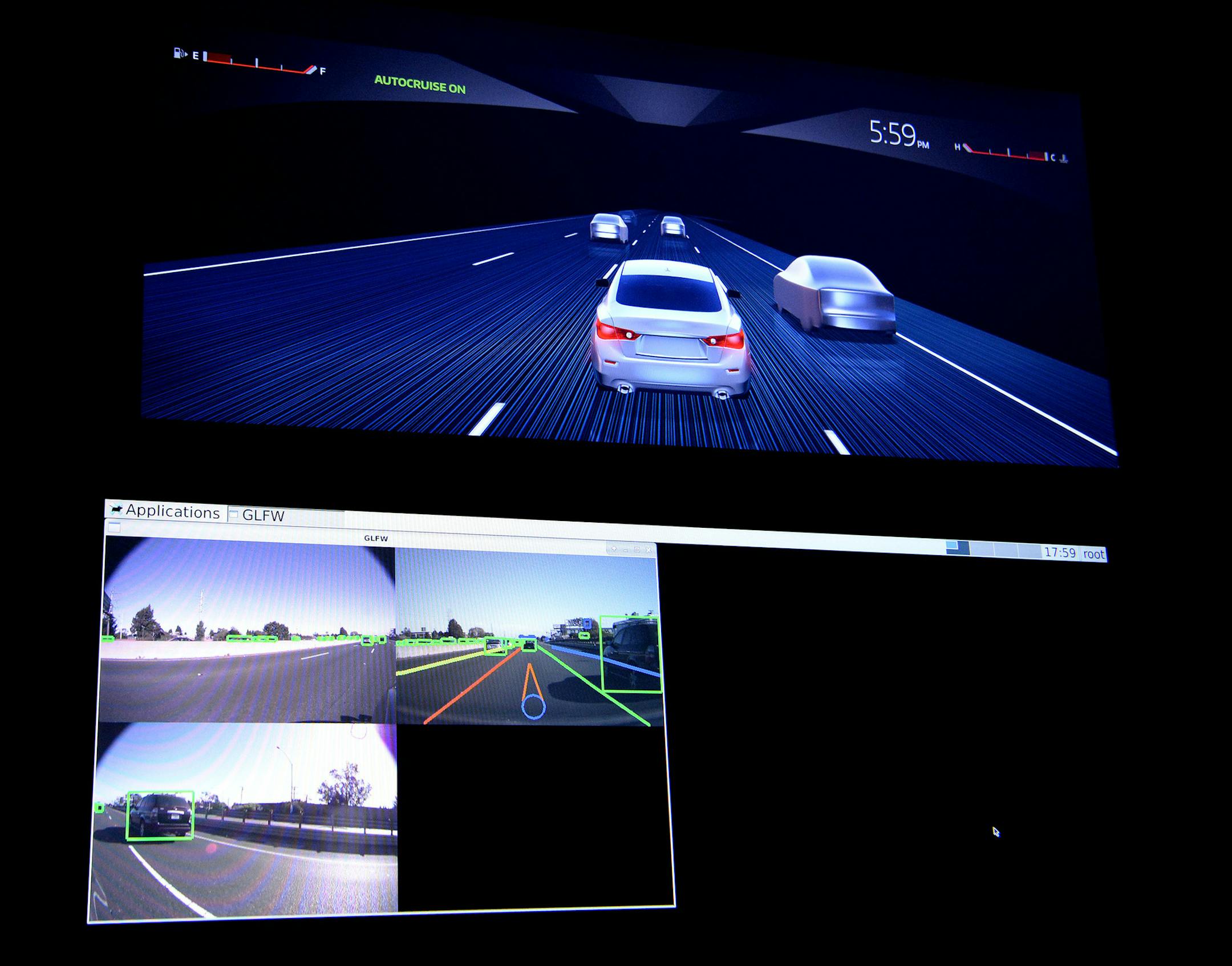 Screens showing information being gathered and processed by the Nvidia circuit boards on display at Nvidia in Santa Clara, Calif., on Wednesday, May 3, 2017. Known for making processors for video games, Nvidia makes the "brains" behind most self-driving cars on the road today transforming itself into a leader in the self-driving car industry. (Dan Honda/Bay Area News Group/TNS) ORG XMIT: 1205950