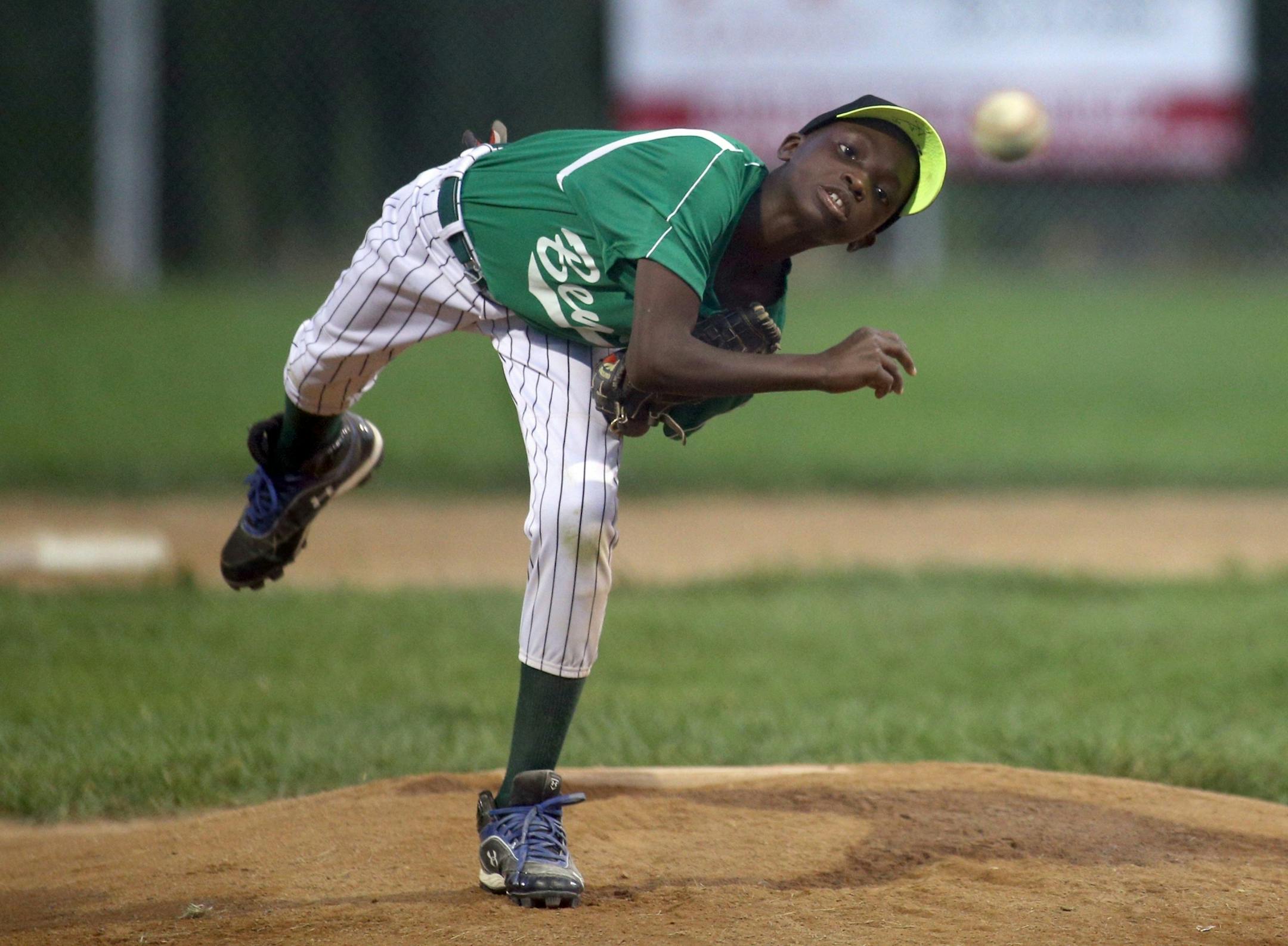 Thomas Agbo pitches against the Robbinsdale 10-year-old all-stars at Lakeview Terrace Park on Tuesday, August 2, 2016 in Robbinsdale.