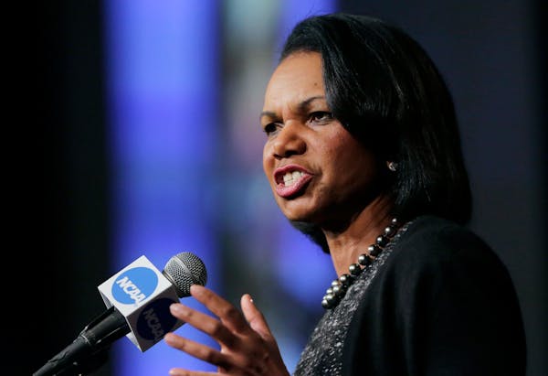 Former Secretary of State Condoleezza Rice speaks during a luncheon at an NCAA Convention in San Antonio.