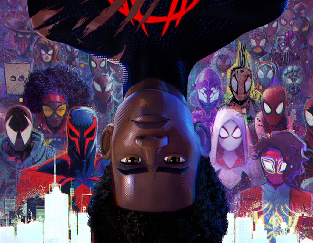A Marvel poster for the much anticipated “Spider-Man: Across the Spider-Verse” features the upside-down bust of teenage Spider-Man Miles Morales (Shameik Moore). Directly behind him are dozens of spider-people.
