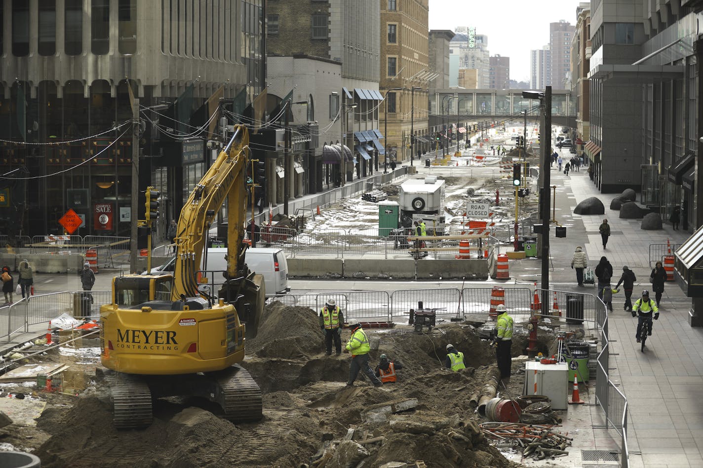 Ongoing construction work on the Nicollet Mall at S. 8th Street on a March afternoon.