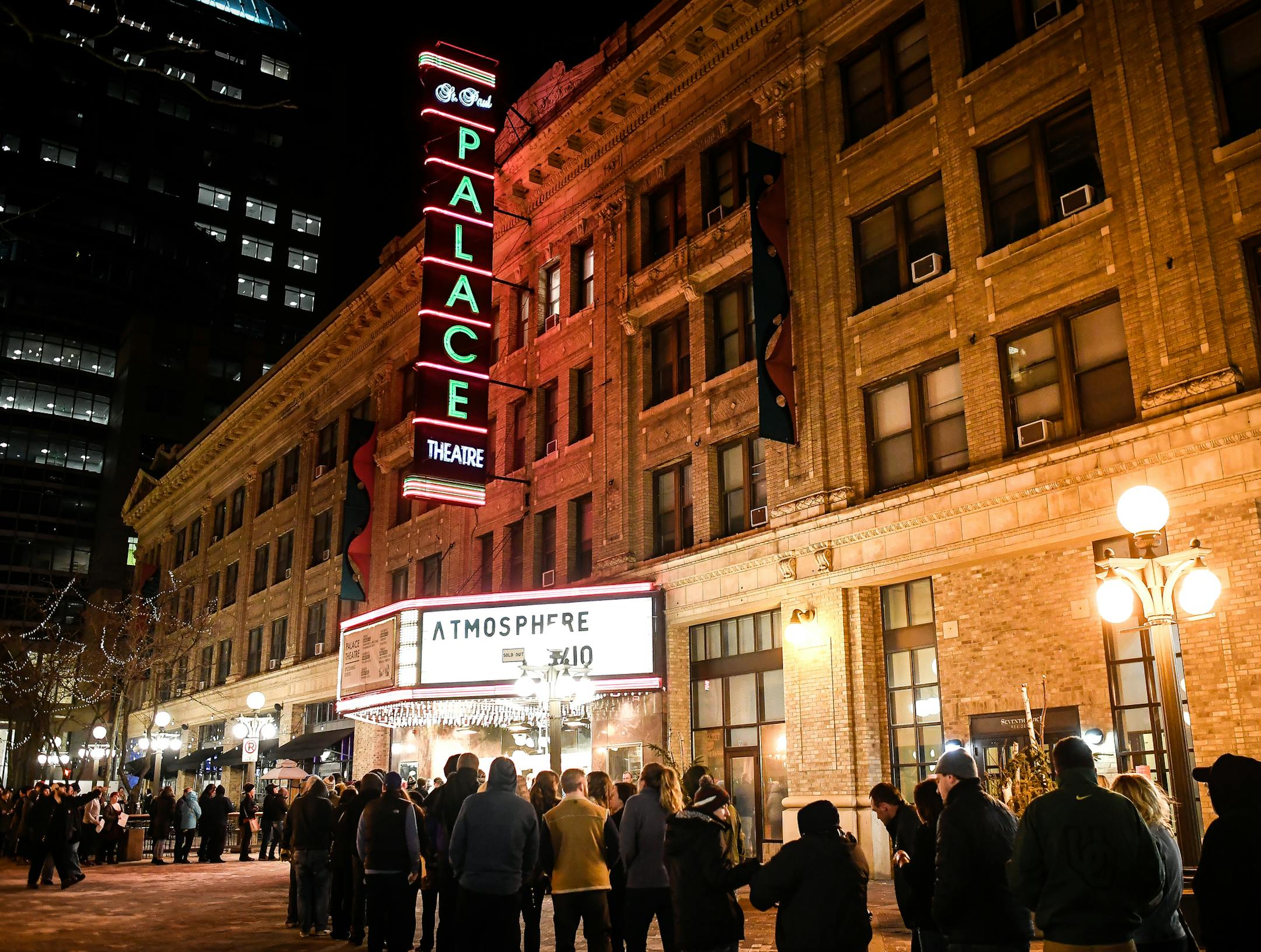 Hundreds of fans waited outside of The Palace Theatre in St. Paul to see Atmosphere Friday night, the first show at the newly renovated and reopened theater. ] AARON LAVINSKY ï aaron.lavinsky@startribune.com First show at the newly reopened and renovated Palace Theatre on Friday, March 10, 2017 in St. Paul, Minn.