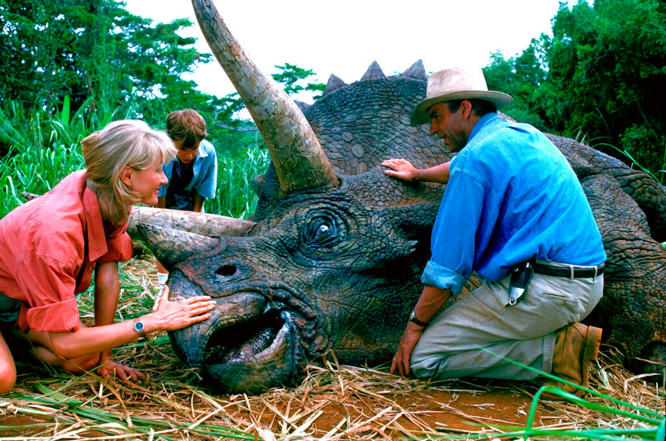 Laura Dern, Joseph Mazzello and Sam Neill in a scene from the 1993 film "Jurassic Park."