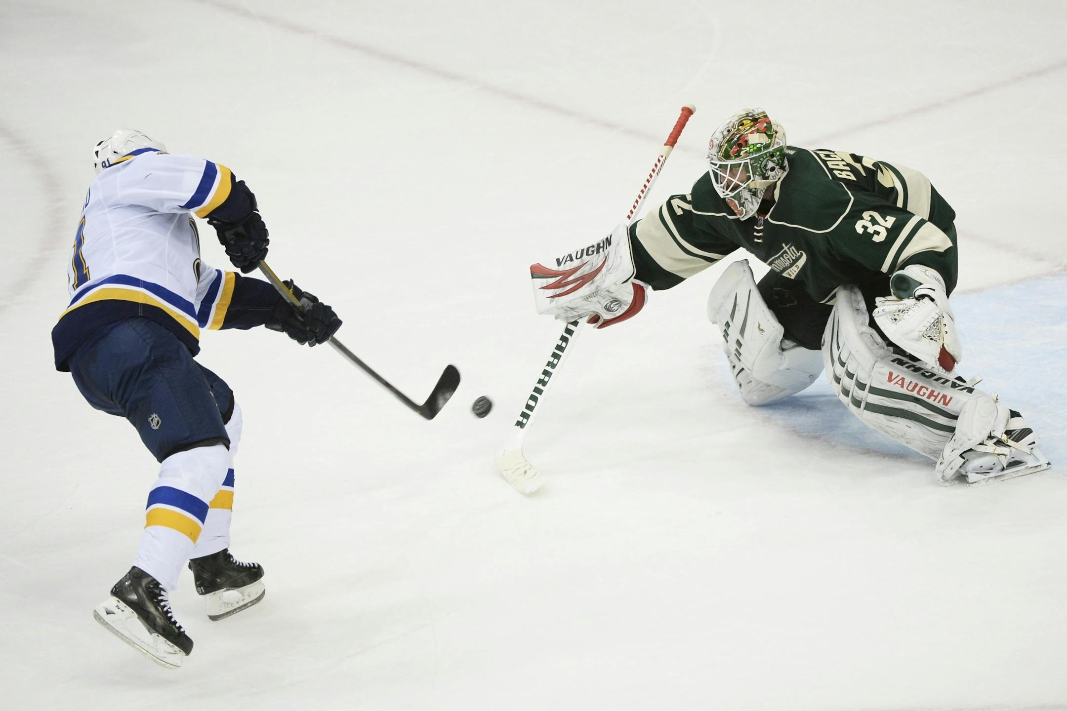 St. Louis Blues right wing Vladimir Tarasenko (91) scores a game-winning goal on Minnesota Wild goalie Niklas Backstrom (32) during a shootout in overtime Saturday night.