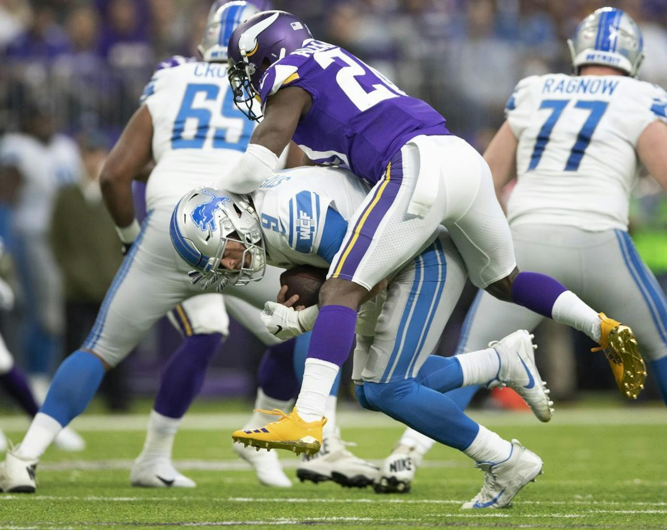 Minnesota Vikings' Mackensie Alexander sacks Detroit Lions quarterback Matthew Stafford for a six yard loss in the third quarter on Sunday, Nov. 4, 2018 at U.S. Bank Stadium in Minneapolis, Minn.