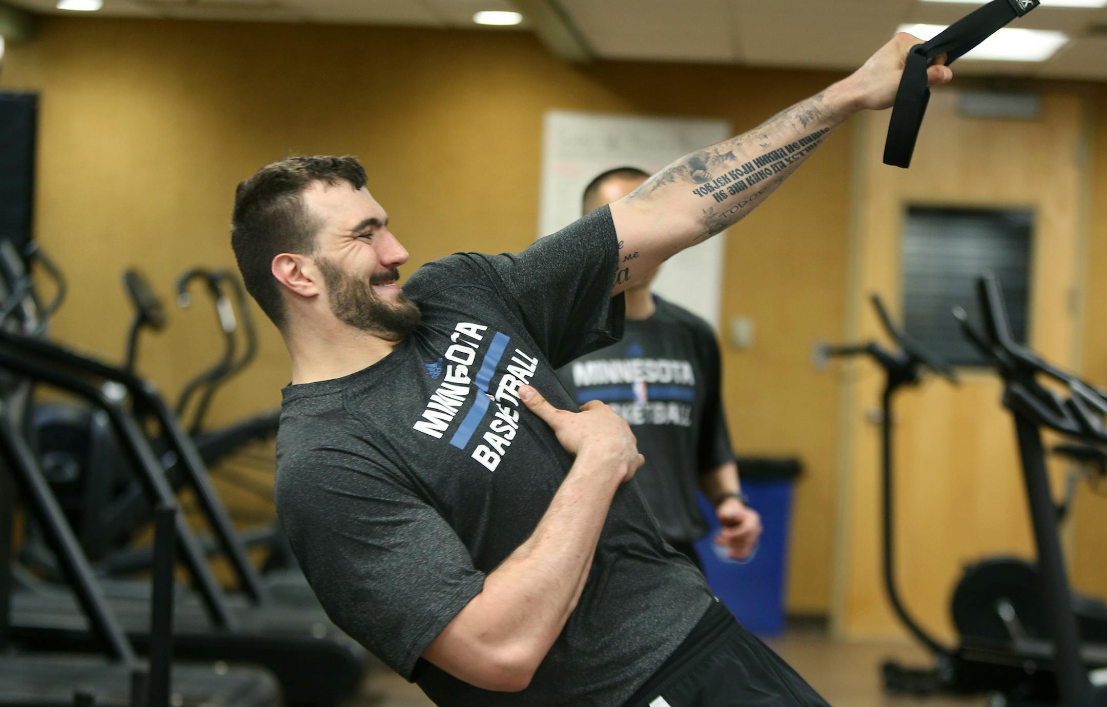 Minnesota Timberwolves center Nikola Pekovic worked under the direction of conditioning coach Koichi Sato at the Target Center, Monday, January 20, 2014. (ELIZABETH FLORES/STAR TRIBUNE) ELIZABETH FLORES &#x2022; eflores@startribune.com