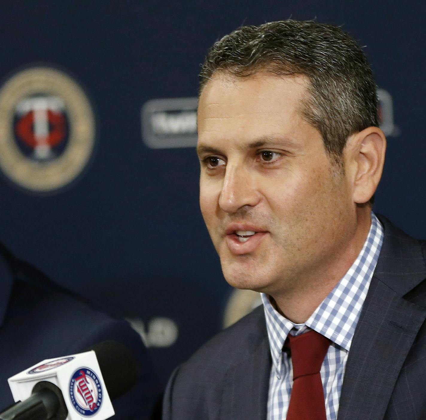 CORRECTS TAD TO THAD - Minnesota Twins new general manager Thad Levine addresses the media Monday, Nov. 7, 2016 in Minneapolis. (AP Photo/Jim Mone) ORG XMIT: MIN2016111017074689