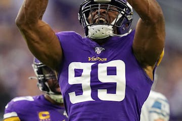 Minnesota Vikings defensive end Danielle Hunter (99) celebrated after he sacked Detroit Lions quarterback David Blough (10) for the first time in the 