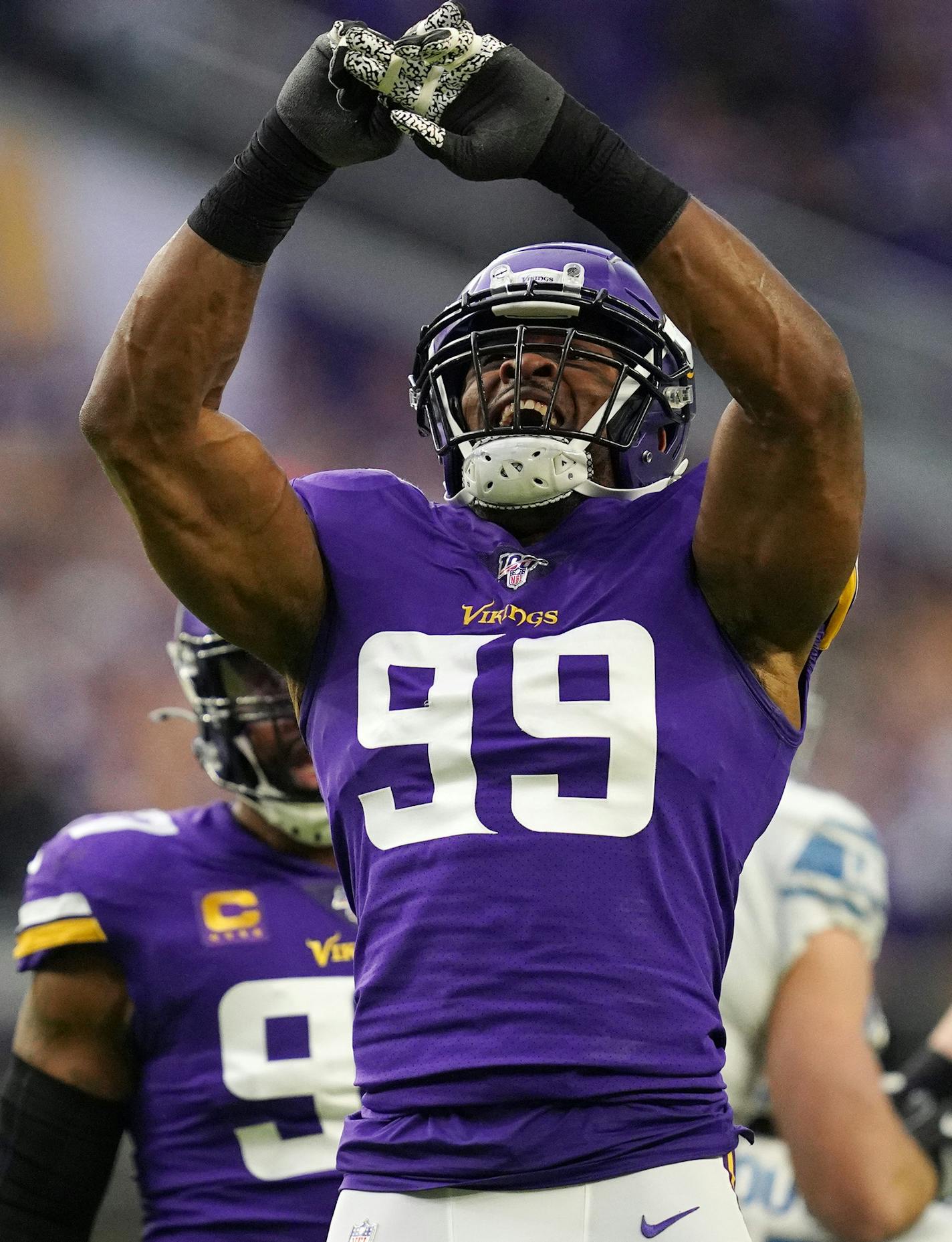 Minnesota Vikings defensive end Danielle Hunter (99) celebrated after he sacked Detroit Lions quarterback David Blough (10) for the first time in the first quarter. ] ANTHONY SOUFFLE • anthony.souffle@startribune.com The Minnesota Vikings played the Detroit Lions in an NFL game Sunday, Dec. 8, 2019 at U.S. Bank Stadium in Minneapolis.