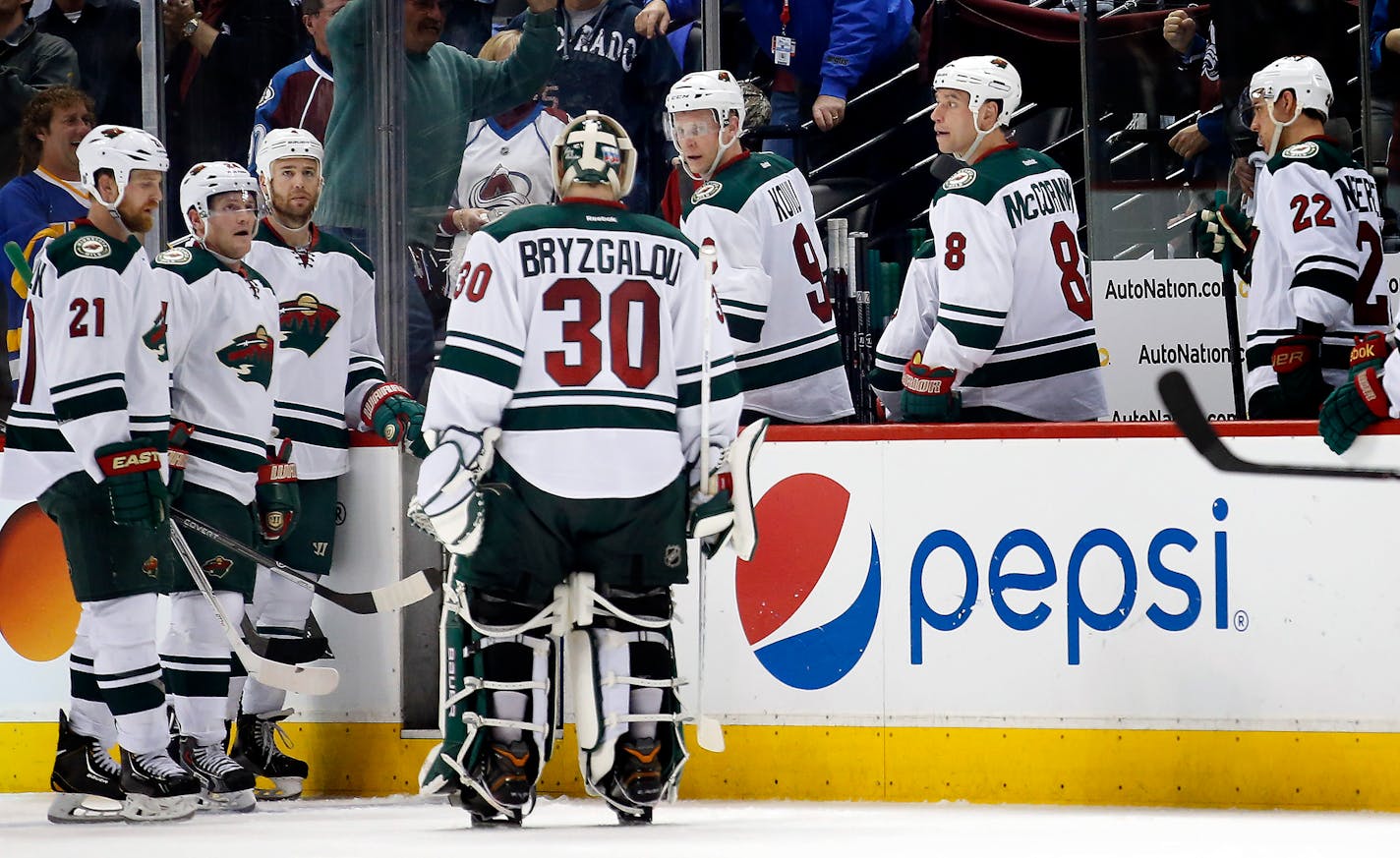 Minnesota Wild goalie Ilya Bryzgalov (30) skated off the ice at the end of the game. Colorado beat Minnesota by a final score of 5-4 in overtime. ] CARLOS GONZALEZ cgonzalez@startribune.com - April 17, 2014, Denver, Colorado, Pepsi Center, NHL, Minnesota Wild vs. Colorado Avalanche, Stanley Cup Playoffs round 1, Game 1