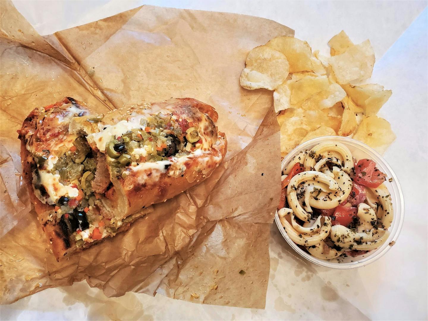 The Vincent Vega meatball sub with pasta salad and chips from Dirty Sams.