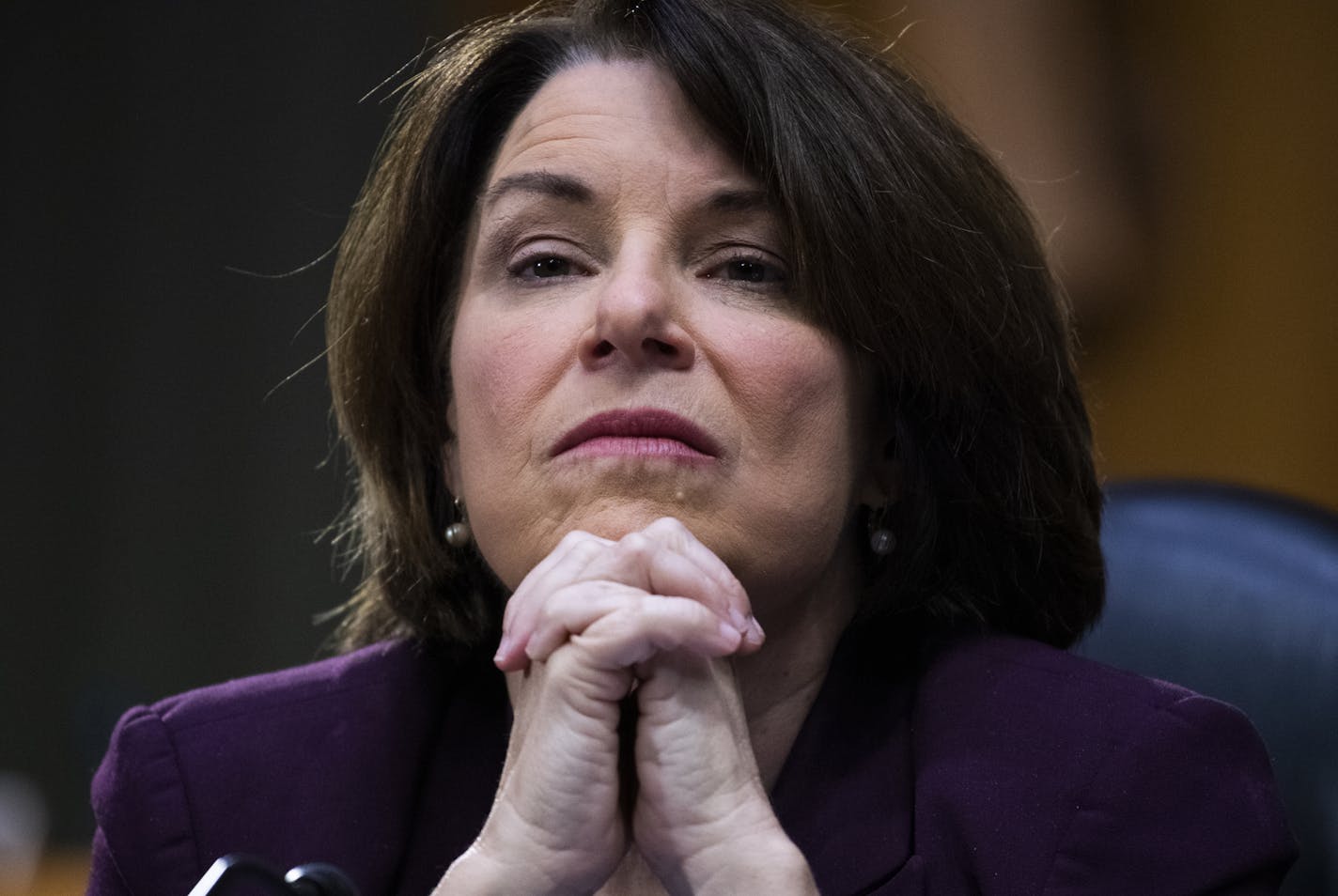 Sen. Amy Klobuchar, D-Minn., listens during a Senate Judiciary Committee hearing on police use of force and community relations on on Capitol Hill, Tuesday, June 16, 2020 in Washington. (Tom Williams/CQ Roll Call/Pool via AP)