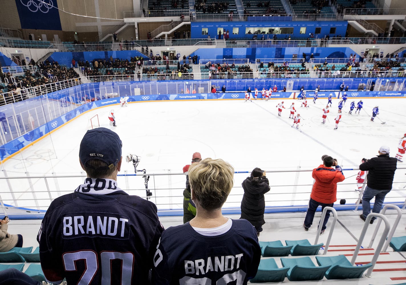 Greg and Robin Brandt parents of Olympic hockey players Hannah and Marissa at Kwandong Hockey Centre. ] CARLOS GONZALEZ • cgonzalez@startribune.com - February 13, 2018, South Korea, 2018 Pyeongchang Winter Olympics, Hockey USA vs. Olympic Athlete from Russia