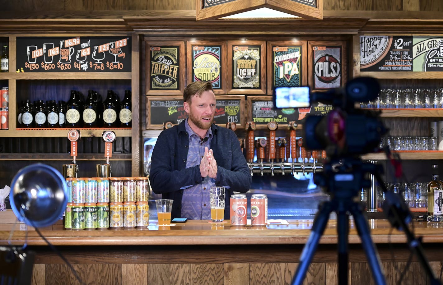 Indeed Brewery co-founder Tom Whisenand hosted the "Who Needs a Beer?" Facebook Live variety show Thursday night. He made multiple impassioned pleas to viewers to leave a virtual tip for his out-of-work employees. ] Aaron Lavinsky &#x2022; aaron.lavinsky@startribune.com Because of the coronavirus and the state shutting down basically all public gathering spaces, people are finding creative ways to keep socializing. Some are having Google hangouts. Others are having "social distance happy hours."