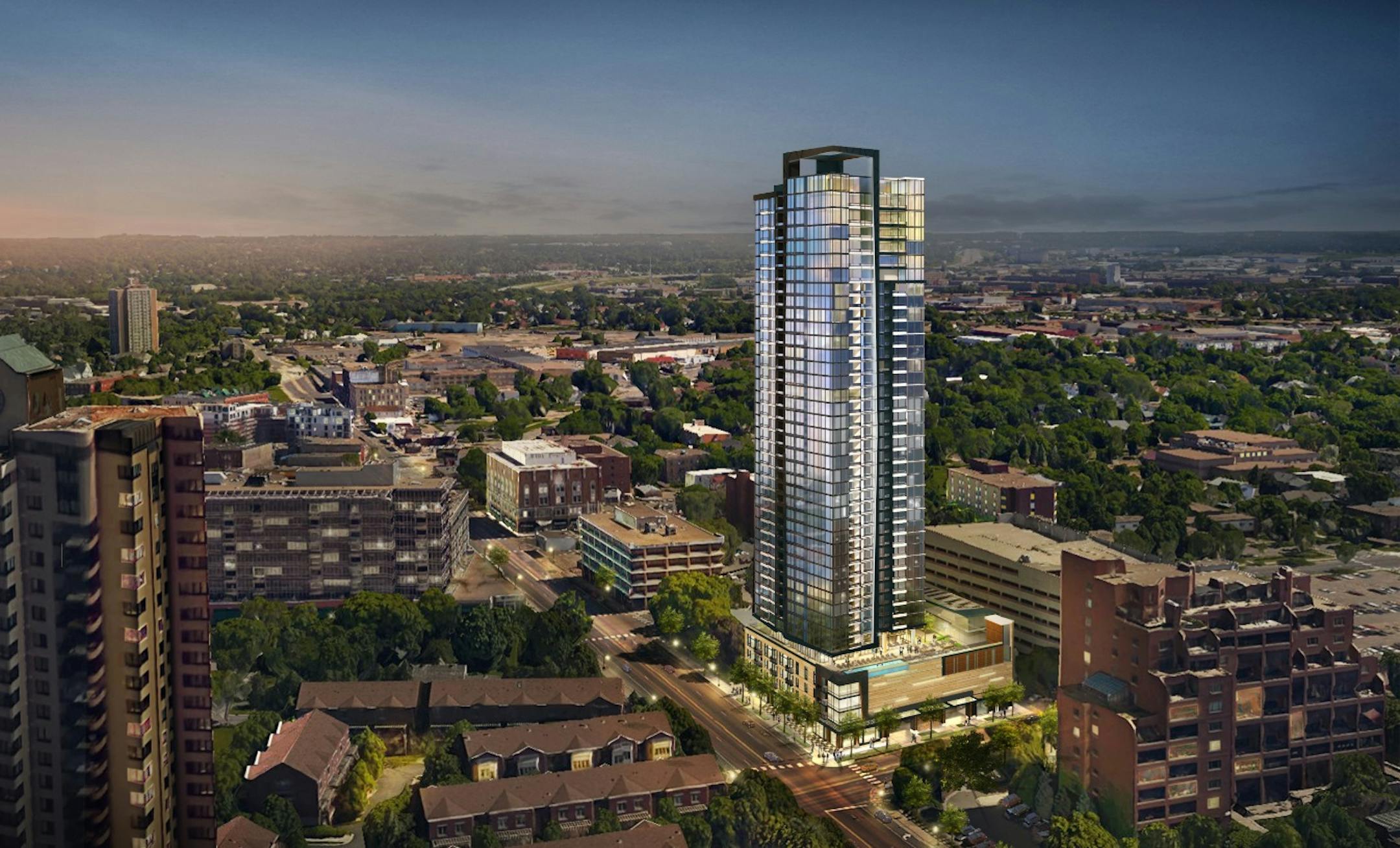 A rendering shows the 40-story condo tower Alatus plans to build at 200 Central Ave. SE, just across the river from downtown Minneapolis.