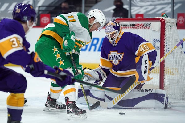 Zach Parise skated in on Kings goalie Calvin Petersen during Saturday night’s game at Xcel Energy Center.