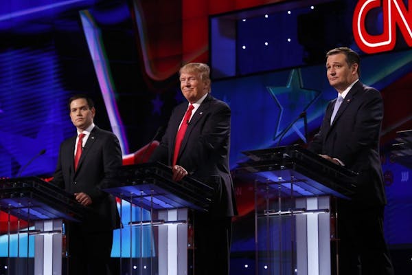 From left, Republican presidential candidates Sen. Marco Rubio, Donald Trump and Sen. Ted Cruz had a more polite and policy-focused debate Thursday in