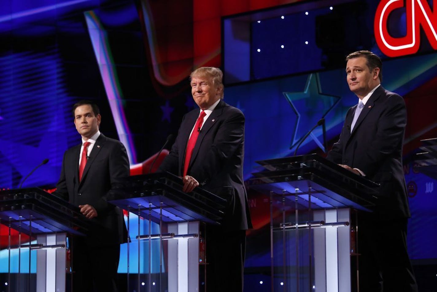 From left, Republican presidential candidates Sen. Marco Rubio, Donald Trump and Sen. Ted Cruz had a more polite and policy-focused debate Thursday in Coral Gables, Fla.