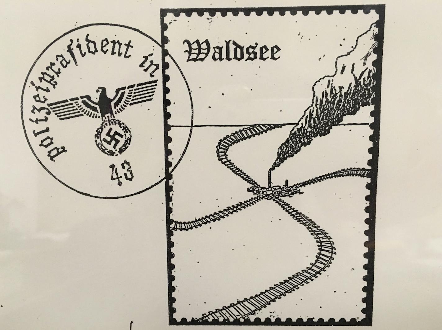 Artist's representation of the Waldsee postcards sent from Auschwitz, from "Waldsee 1944" exhibit at Hebrew Union College.